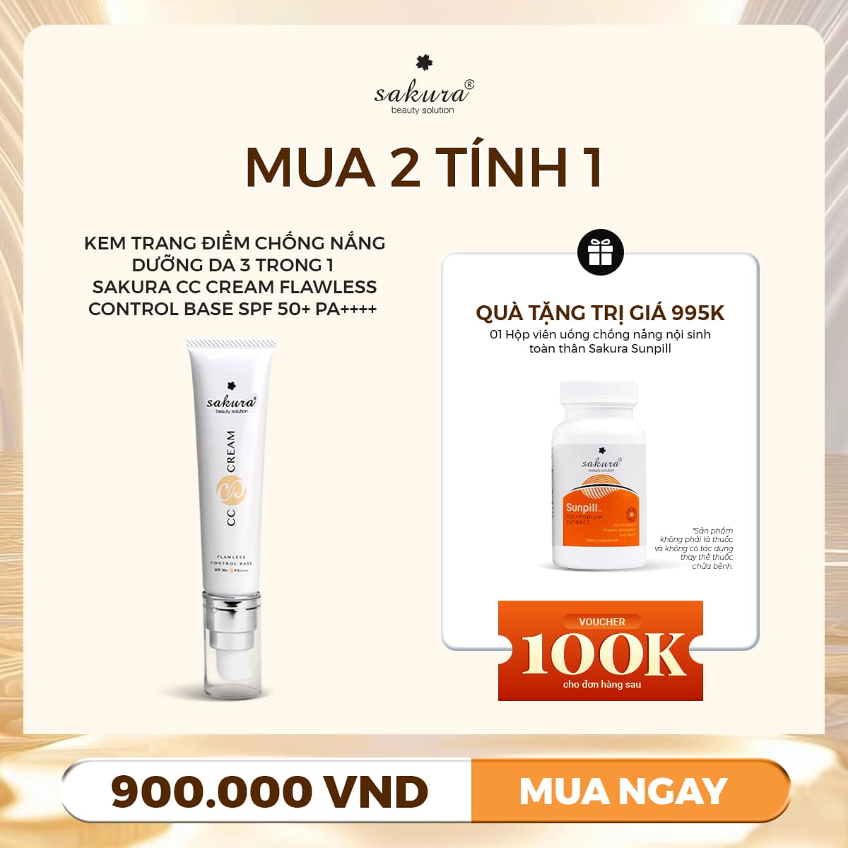 Kem Trang Điểm Chống Nắng Dưỡng Da 3 Trong 1 Sakura CC Cream Flawless Control Base SPF 50+ PA++++